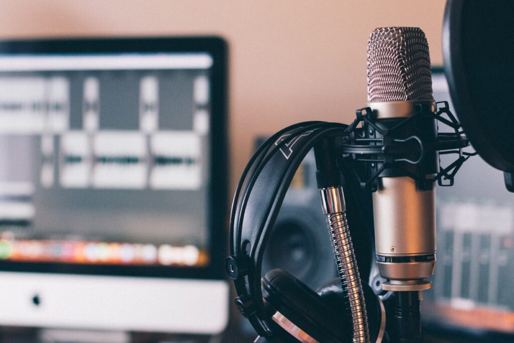 Microphone and Podcast equipment on a desk